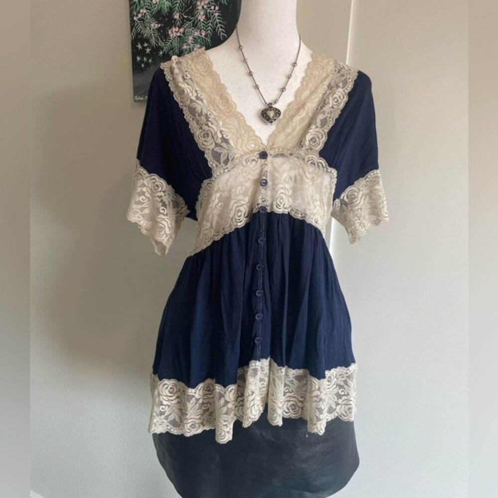 navy and ivory vintage y2k babydoll lace top